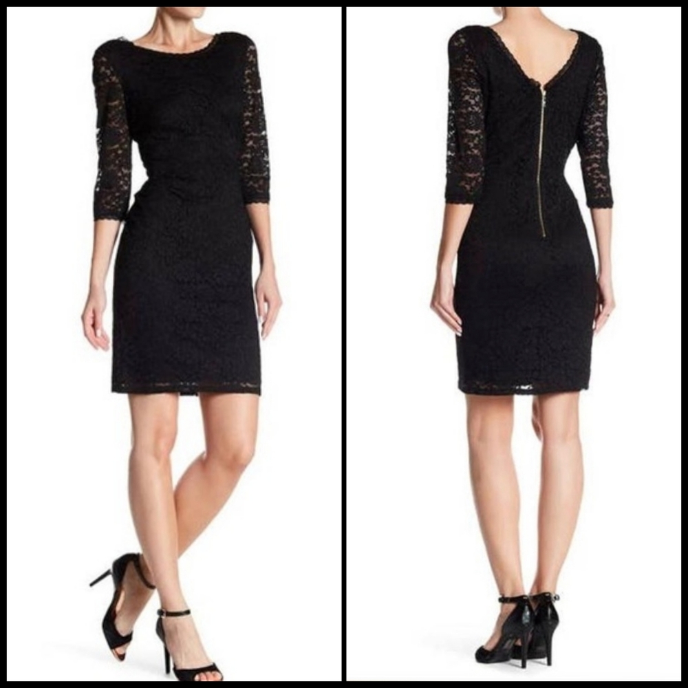 EUC Eliza J Black Lace 3/4 Sleeve Boatneck Sheath Dress